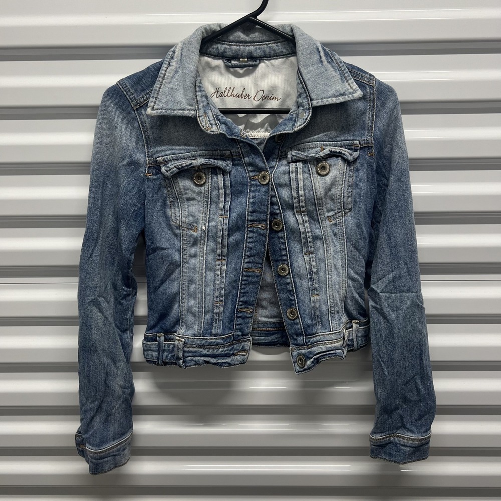 Hallhuber Denim Jacket Size 36 Womens Medium Wash Blue Cropped Trucker Jacket — photo 2